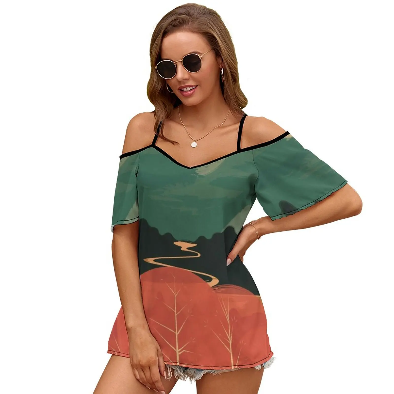 Midday Mountains 2058 Women Print T Shirt Casual Off Shoulder Loose Pullover Tops Fashion Clothes Awesome Radical Sweet Chill