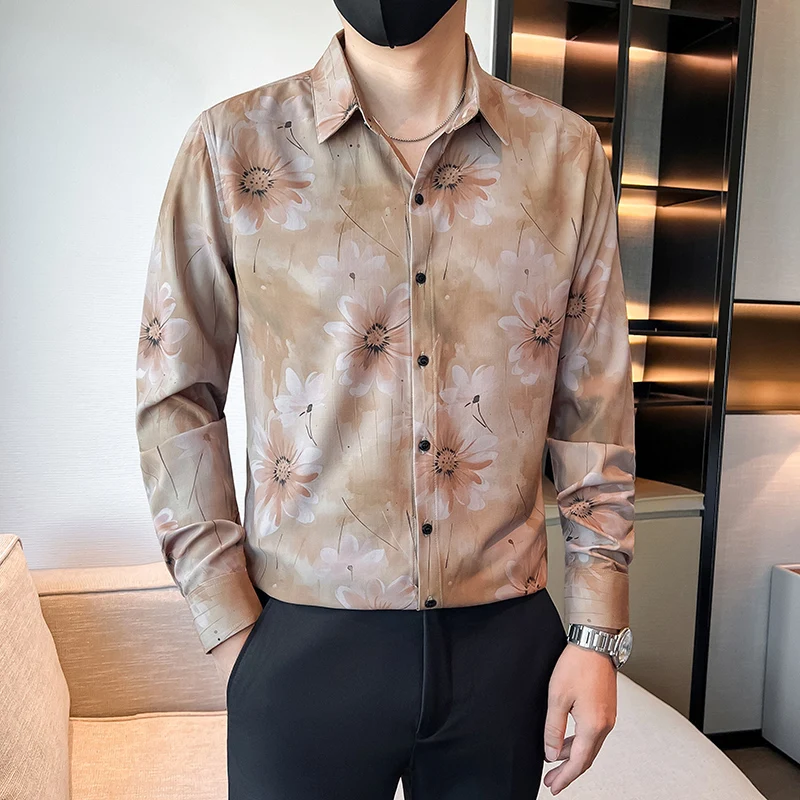 British Style Floral Print Long Sleeved Shirt for Men's Autumn Casual Social Shirt Slim Fit Slim Fit Streetwear Camisa Masculina
