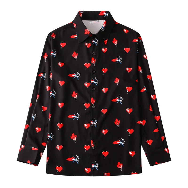 

Lover Heart Floral Smoking Lips Print Long Sleeve Shirts for Men Women Youth Style Summer Loose Casual Shirt Clothes