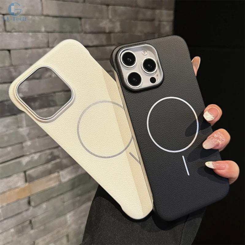 

Bissiness Lether Texture Rimless Magsafe Magnetic Phone Case for iPhone 16 15 14 Pro Max Ultra Thin Anti-drop Hard PC Cover Capa