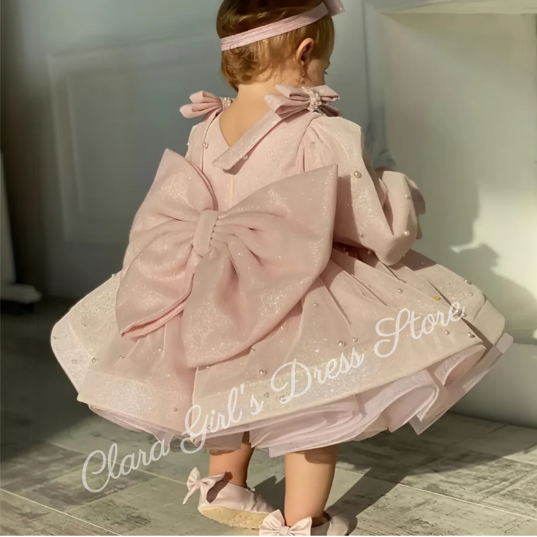 

Pink Sparkly Flower Girl Dress Wedding Use Pearl Decoration Long Sleeve Bow Toddler Kids Birthday Party First Communion Party