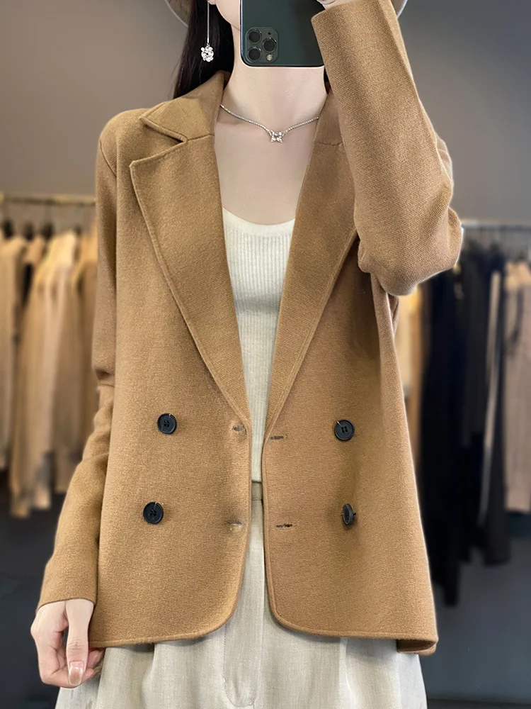 Women Fashion Double Breasted Loose Fitting Blazer Coat Spring Autumn Vintage Long Sleeve Pockets Female Outerwear Chic Top