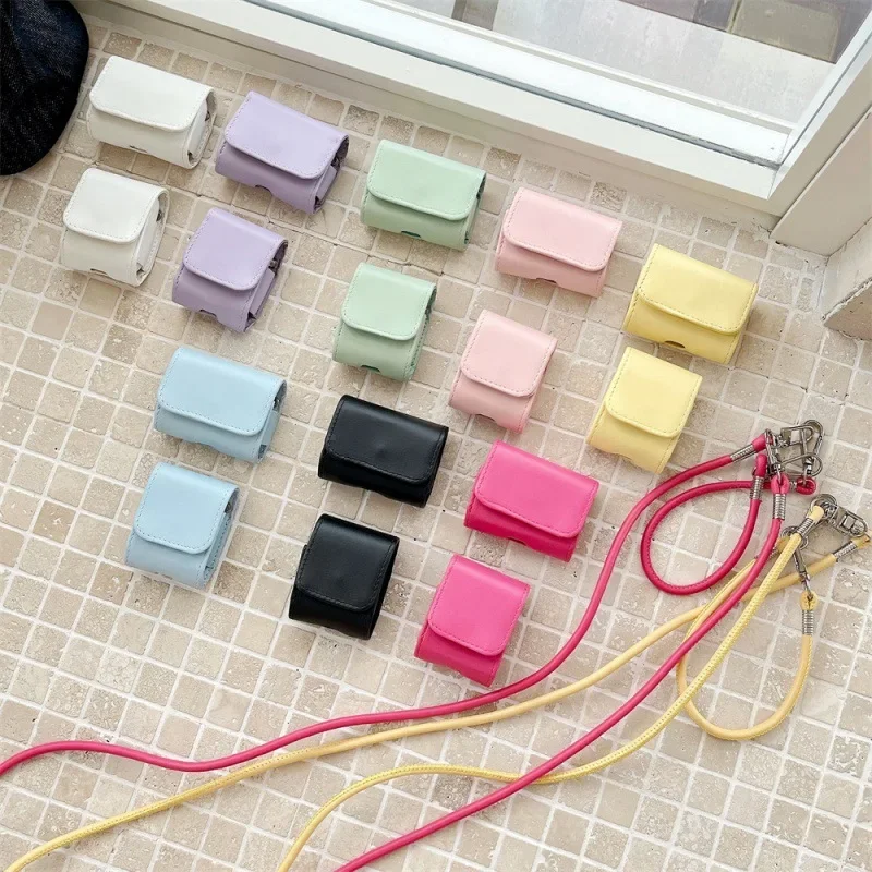 

Long Lanyard Pure Color PU Leather Case for AirPods 4 Airpod 1 2 3 Pro Pro2 Bluetooth Earbuds Protective Earphone Case Cover