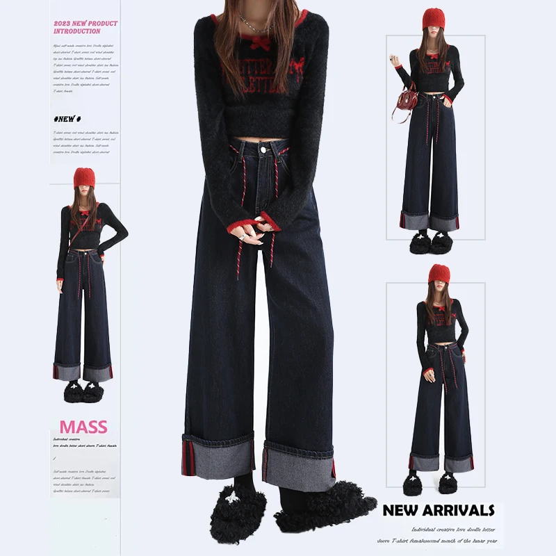 

Cuffed hem design high-waisted cropped wide-leg pants in denim blue, slimming and height-enhancing magic pants