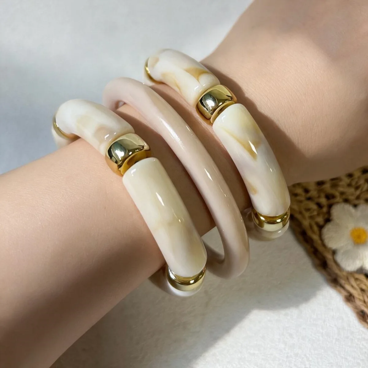European and American New Arrival Ivory 3-Piece Set Curved Marble Pattern Resin Bracelet Women's Layered Fashion Accessories Set