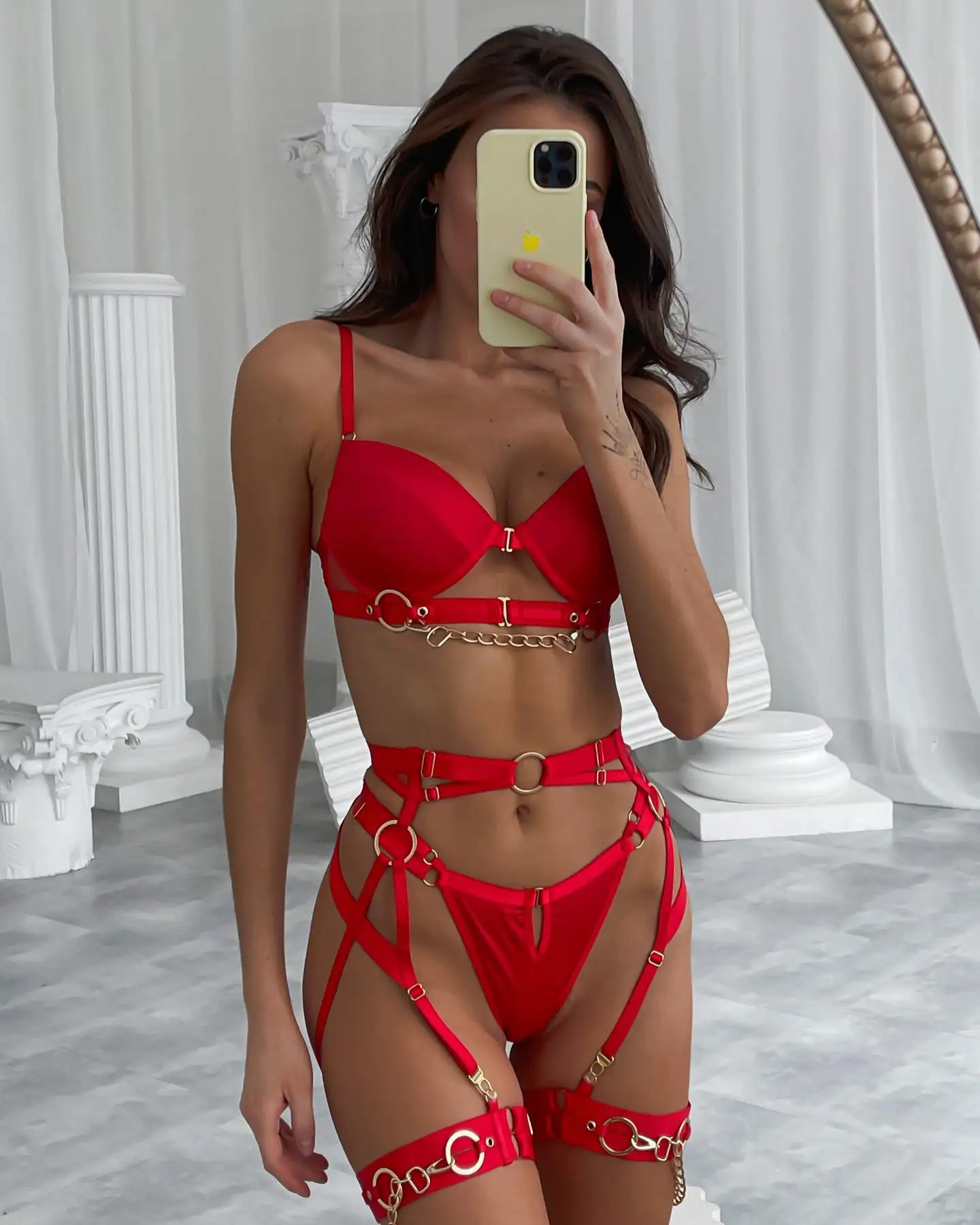 Brskbzda Fine Lingerie Sexy Fancy Underwear 5-Piece Delicate Luxury Erotic Sets With Chain Bra And Panty Set Garters Intimate