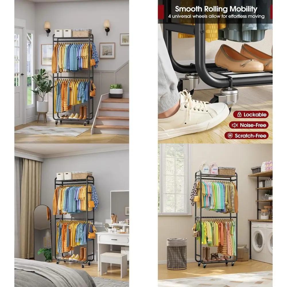 

Clothes Rack - Rust-Proof Clothing Rack with Shelves, Hangers, Removable Hooks, Anti-Tip Wardrobe Closet with Lockable Wheels &