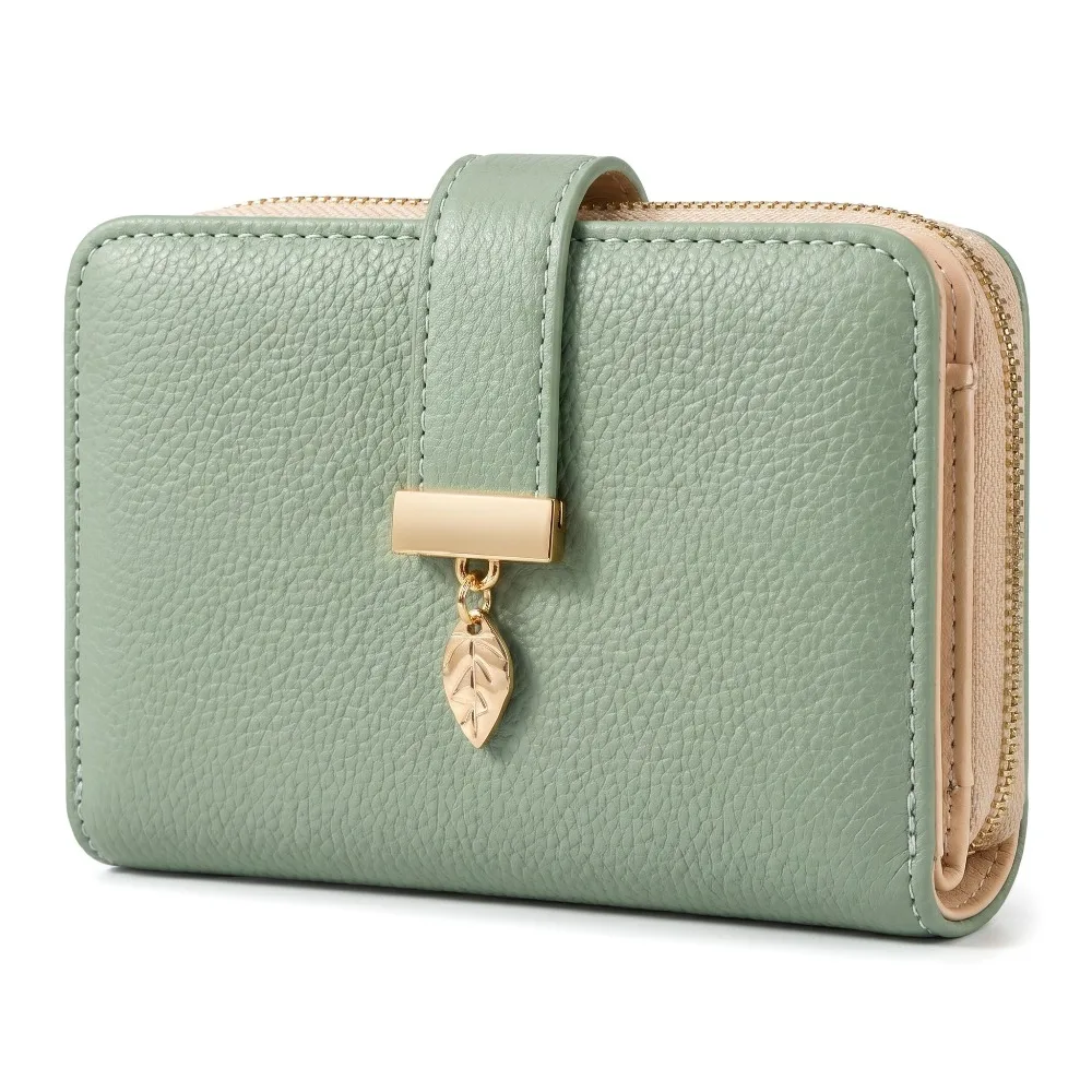 Pomelo Best 2026 PU Leather Short Wallet for Women with Leaf Metal Snap Button ID Window Credit Card Holder Zipper Coin Purse