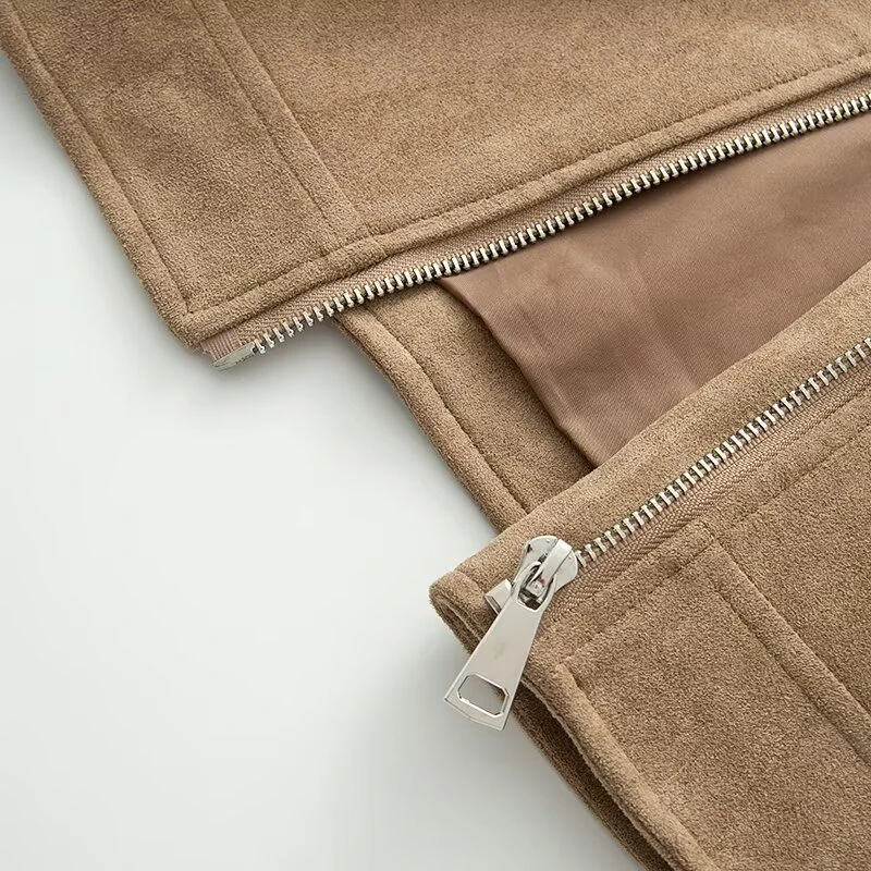 KEYANKETIAN Autumn and winter new women's clothing lapel metal buckle decoration diagonal zipper suede motorcycle jacket women