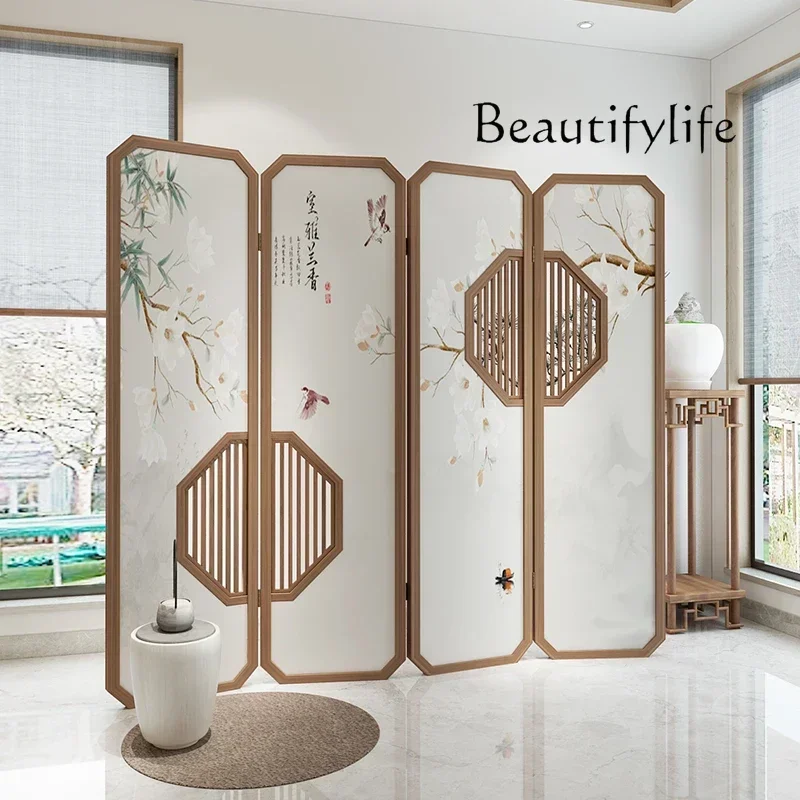 

yj32 Modern Chinese screen partition, living room folding screen foldable mobile solid wood hall partition