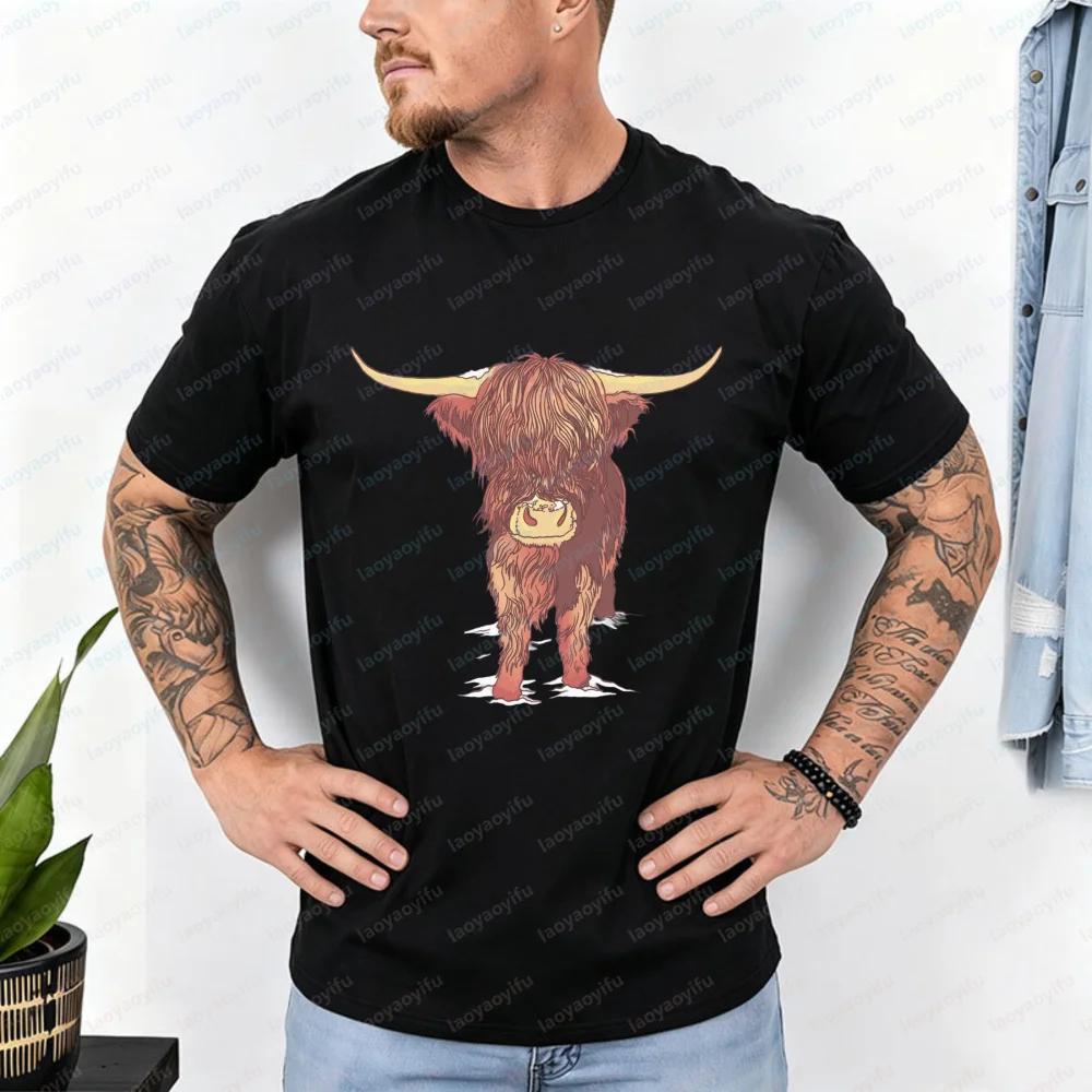 Highland Cattle Cow Scotland Scottish Men's T-Shirt High Quality Cotton Short-sleeve Tees Animal Lover Casual Streetwear Top
