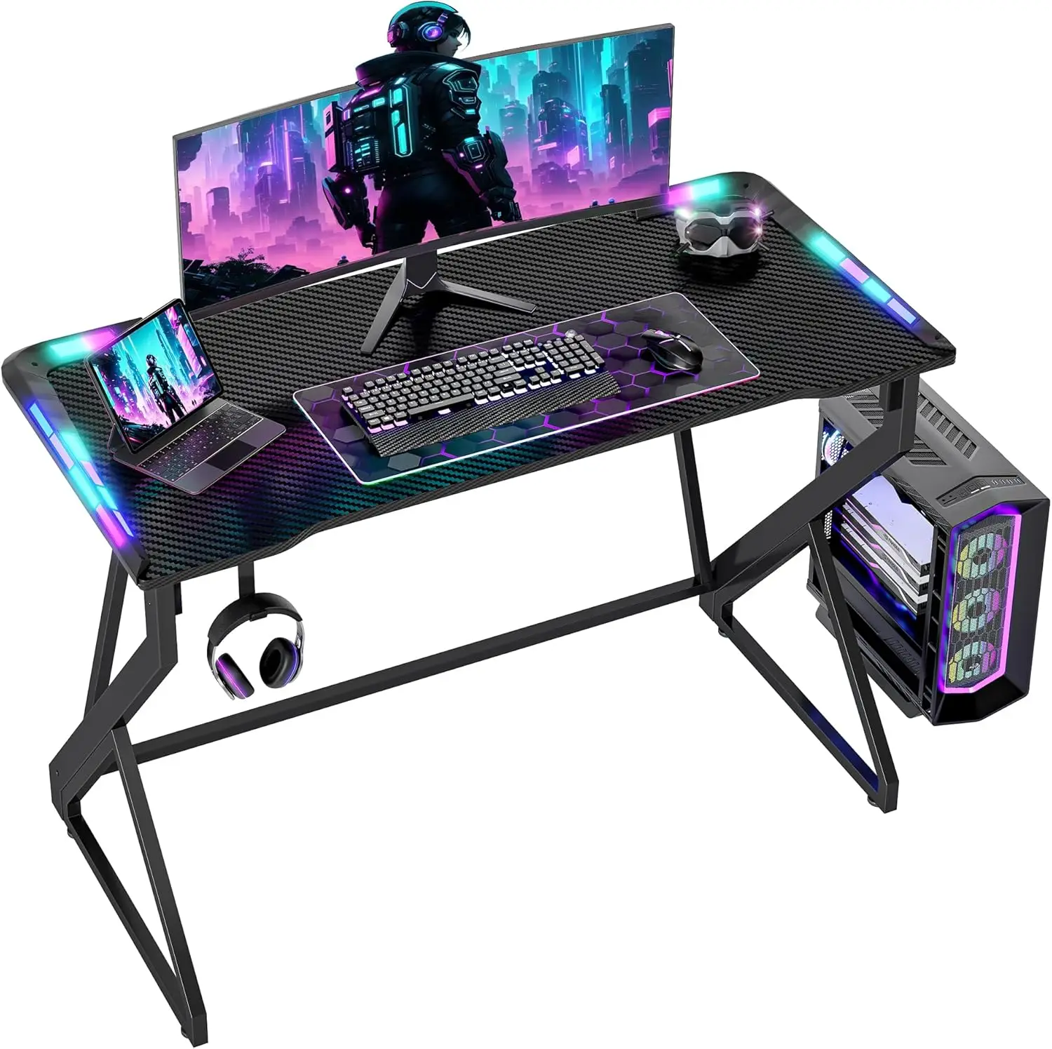 

40 Inch Gaming Desk with LED Lights, Carbon Fiber Surface, Z-Shaped Legs for Stability