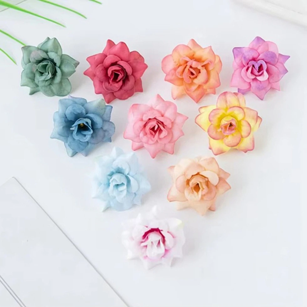 Artificial Flowers Silk Small Multicolor Rose Head Christmas Wedding Garden Wreath Home Decoration Accessory Brooch DIY Gift Box