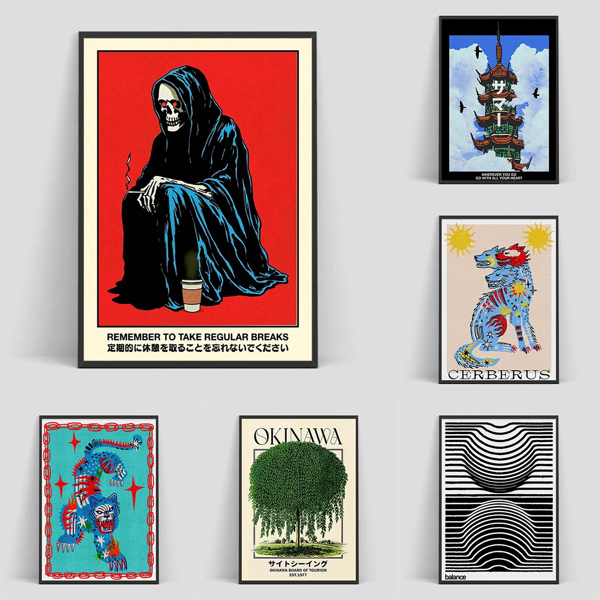 

Japan Okinawa Green Tourism Willow Sunset Canvas Poster Ghost Tiger Wall Art Prints for Modern Living Room Halloween Home Decor