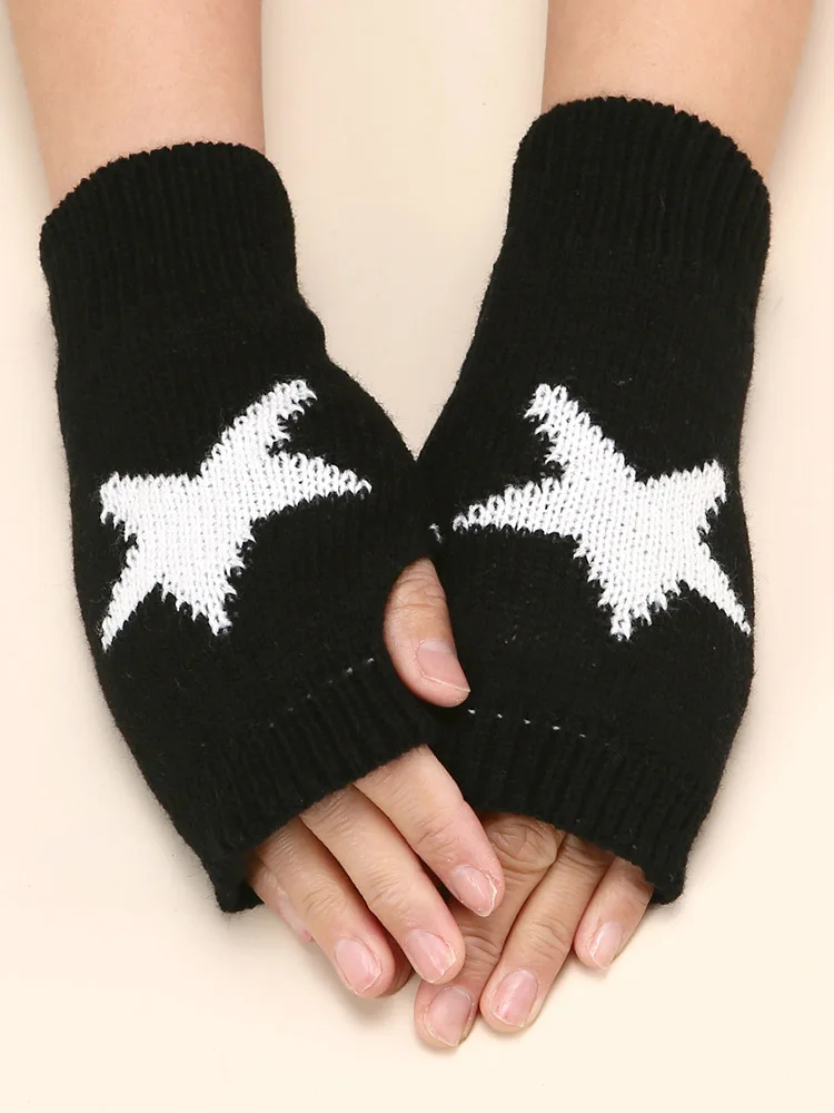 2024 Punk Y2K Knitted Woolen Gloves For Men Women Pentagram Half Finger Warm Soft Mittens Soft Star Hand Fingerless Gloves