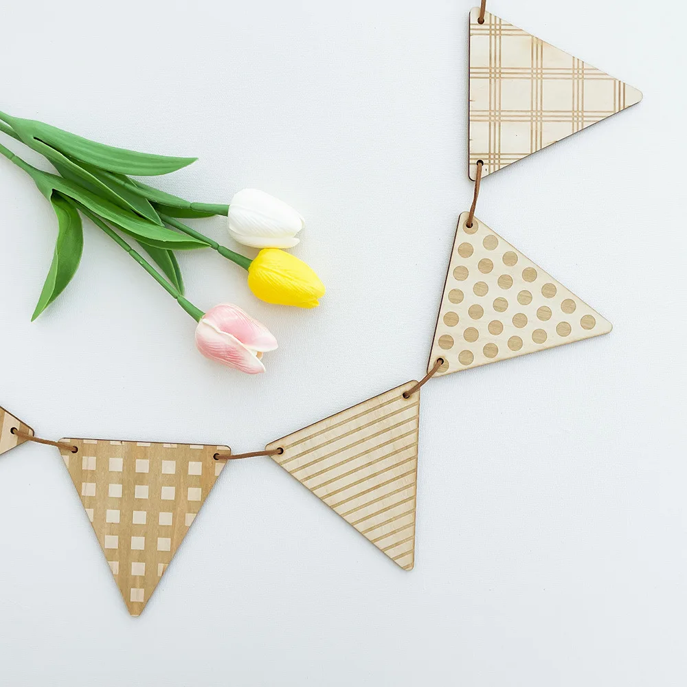 Nordic Wooden Triangle Flag Wall Hanging Garland Baby Shower Birthday Party Bunting Banner Kids Room Nursery Decor Photo Props