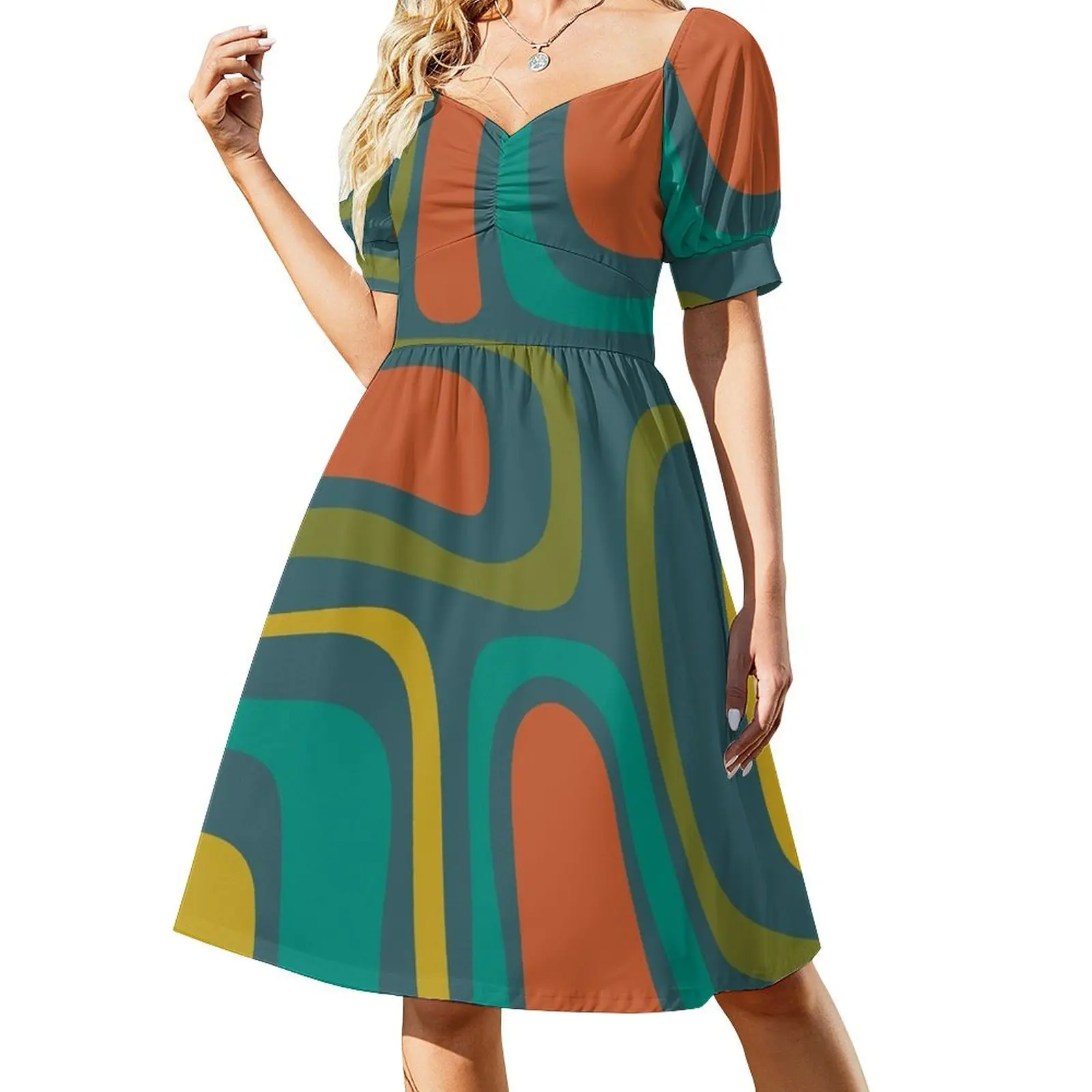 

Palm Springs Retro Midcentury Modern Abstract Pattern in Mid Mod Orange, Olive, Teal, and Mustard Short Sleeved Dress