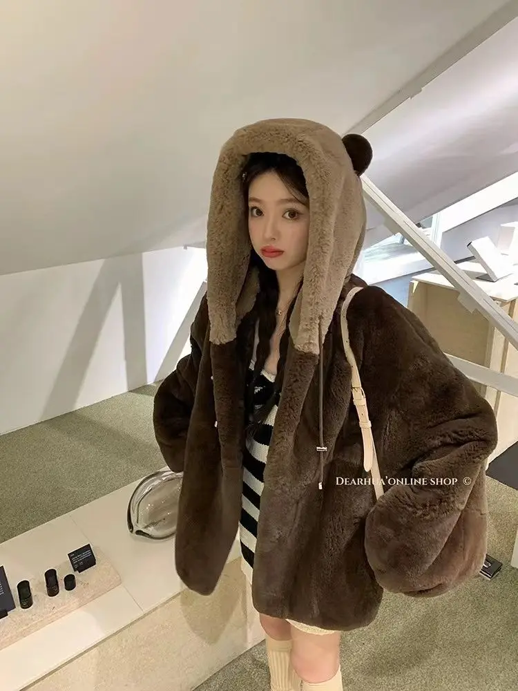 

Fluffy Jacket Bear Ears Long Sleeve Zipper Oversize Light Soft Harajuku Kawaii Faux Fur Hoodie