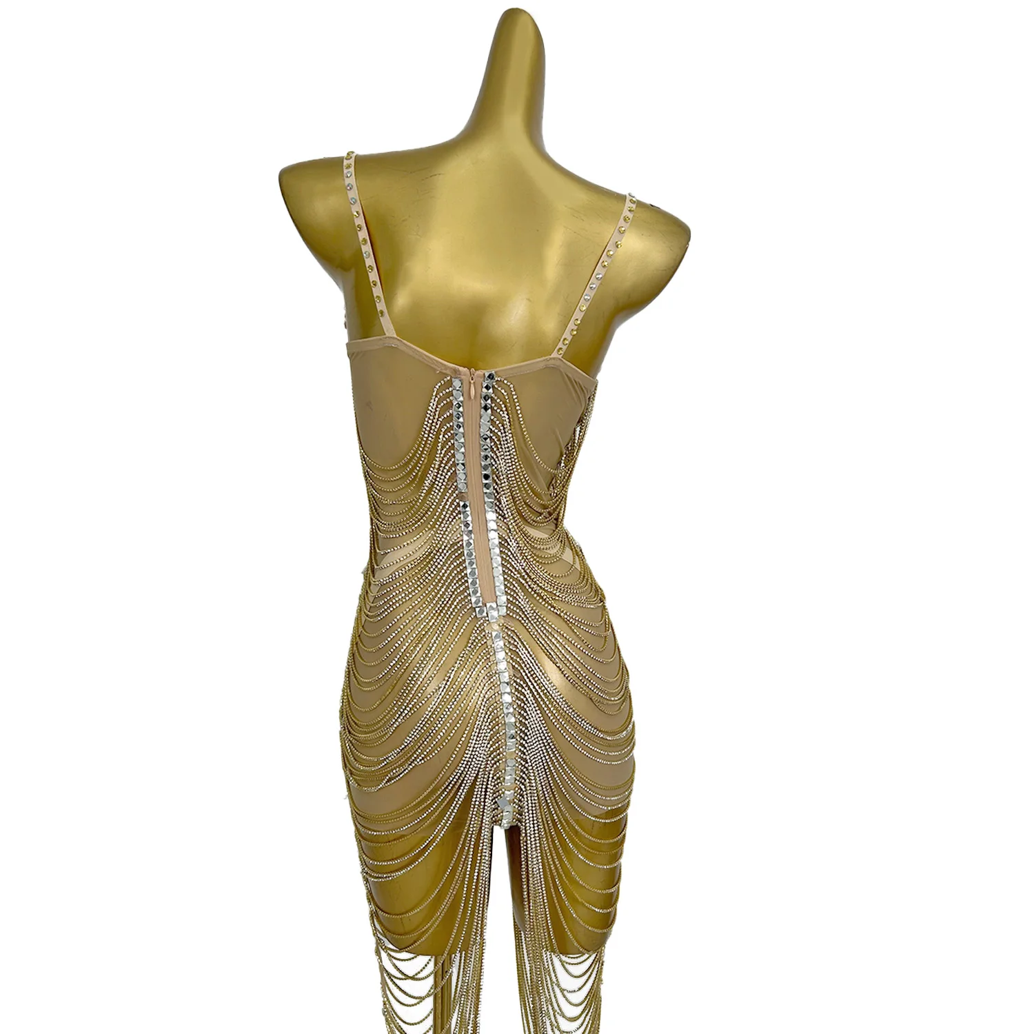 سباركلي حجر الراين شرابة شبكة Bodycon فستان قصير غاسل سلاسل فستان قصير مثير المرأة نادي مرحلة الأداء الرقص الزي