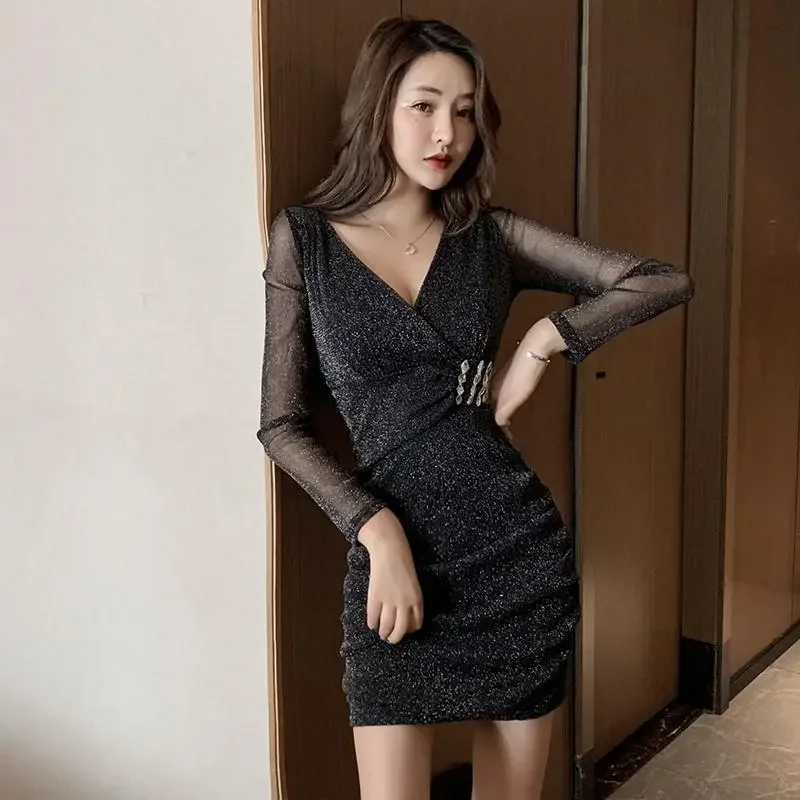 Weibliches Kleid Korsett enge Frauen Langarm Kleider Mesh sinnlich sexy Bodycon elegante Luxus x Retro trend igen koreanischen Stil voll