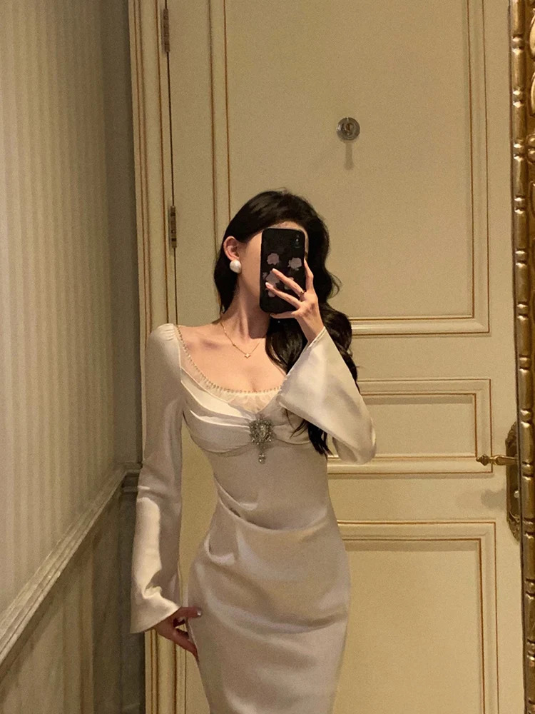 النمط الفرنسي الأنيق الصناعة الثقيلة الماس ساحة الرقبة متوهج كم عالية الخصر سليم صالح ذيل السمكة فستان حفلة طويلة النساء الخريف #3