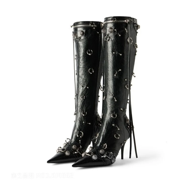 

Women's Boot with Piercings Black Aged-Silver Studs and Buckles Fringe Kitten Heels Leather Knee High Women's Sexy Pointed Boots