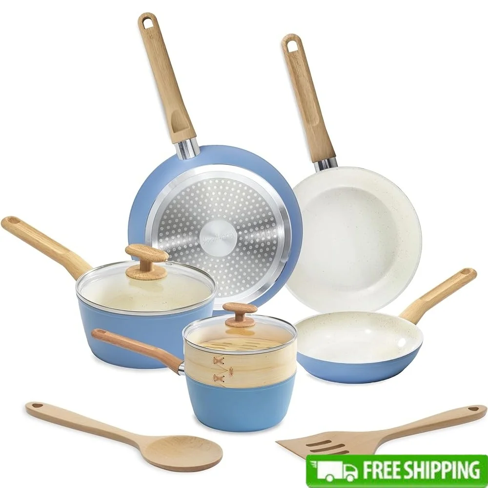 

10-Piece Healthy Ceramic Nonstick Cookware Set Induction Kitchen Pots Pans Steamer Spoon Turner Durable Heat Distribution
