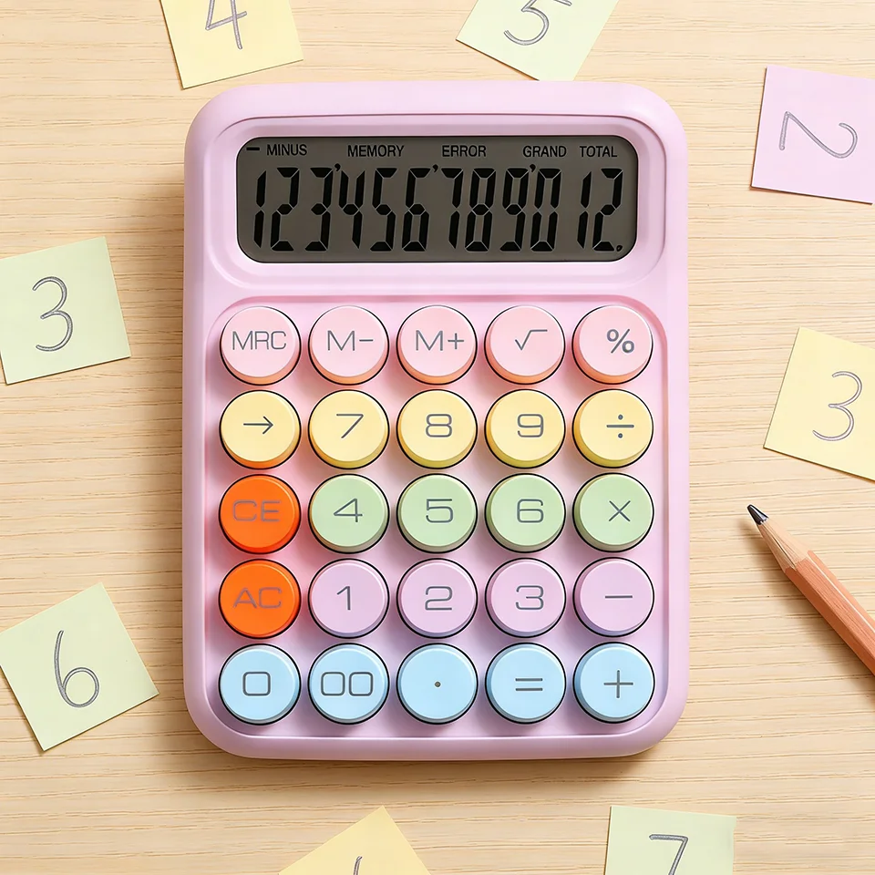 Calculadora de Escritorio de 12 Dígitos Color Caramelo con Pantalla LCD Grande y Botones Redondos Grandes para Uso Escolar y de Oficina