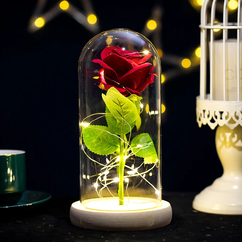 Glowing Plush Artificial Rose Dome Ornament Home Wedding Valentine's Day Room Desk Decorations Fake Flowers Figurines Cute Gifts
