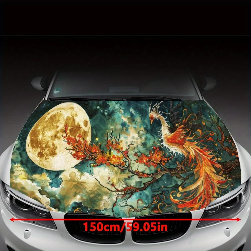 Under the moonlight, the phoenix perched on a tree branch Car Hood Vinyl Wraps Sticker, Car Engine Decal, Waterproof Self-adhesi