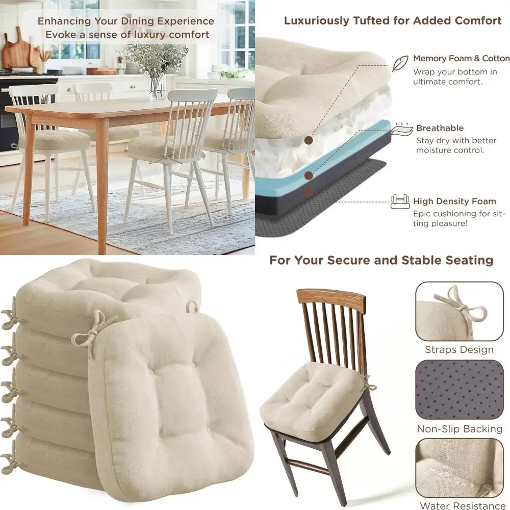 

Набор из 6 толстых моющихся нескользящих подушек для обеденных стульев, 16,5x16,5x3,5, бежевых для внутренней кухни