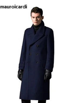 Men's Long Wool Blend Double-Breasted Overcoat 5 Mauroicardi Autumn Winter Long Warm Smart Casual Navy Blue Black Woolen Coat Men Double Breasted Luxury Wool Blends Overcoat 5
