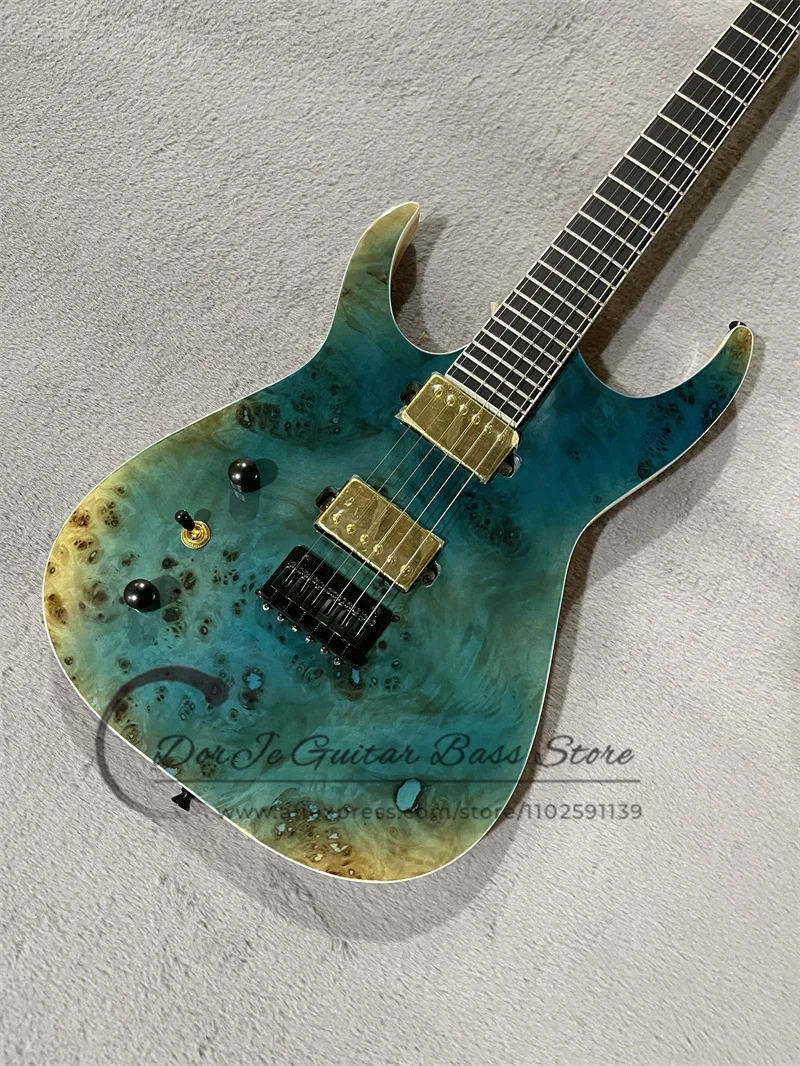 Left Hand Electric Guitar ASH Wood Body Burl Maple Top White Binding Rosewood Fingerboard Gold Pickups Black Tuners
