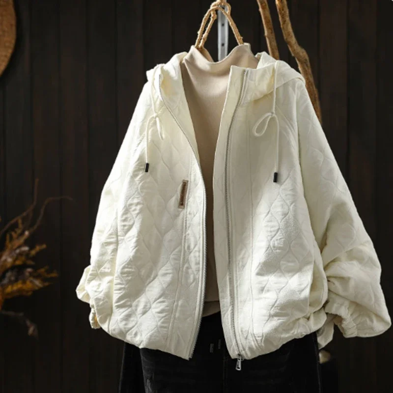 Women Autumn New Vintage Solid Color Diamond Pattern Hooded Jackets Simple Style Long Sleeve Casual Loose Hoodie Coats Outwears