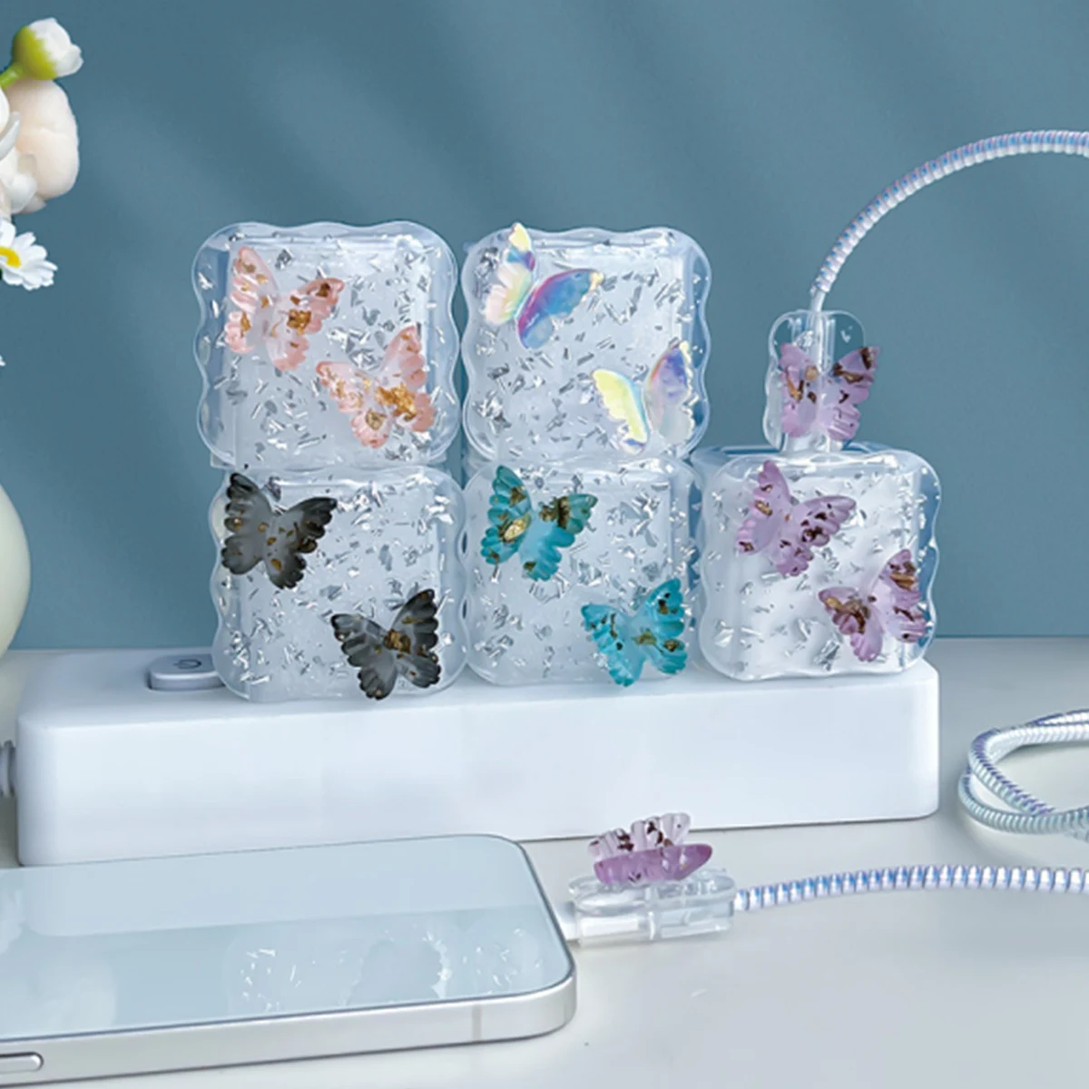 Crystal Butterfly 5PCS Charging Data Cable Protector Winder Accessories For iPhone 18/20w Charger Protective Cover