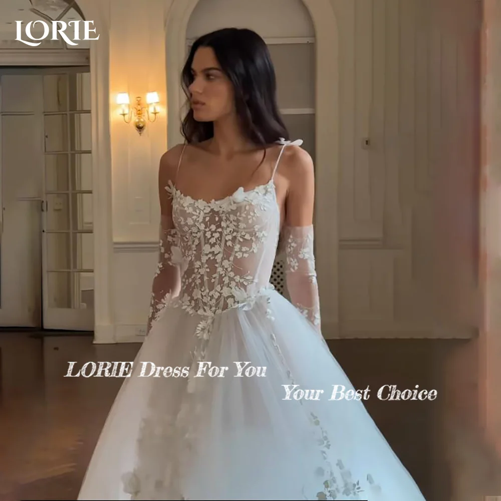LORIE 3d Flower Wedding Dresses A-Line Lace Applique Illsion Corset Bridal Gown Spaghetti Strap Princess Party Dress Customized