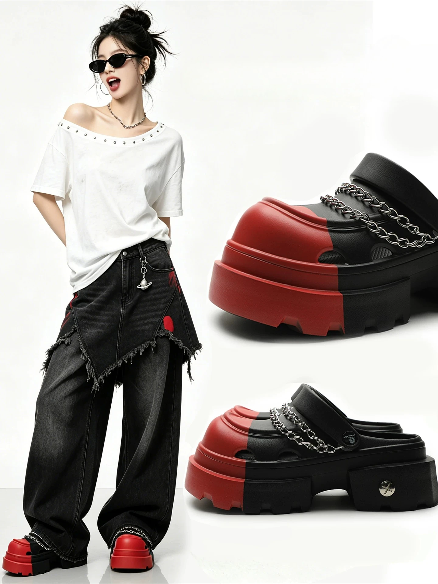 Red Black Contrasting Colors Punk Hole Shoes Women's Platform Muffins Heavy Industry Subculture Y2k Chain Bag Head Cool Slippers
