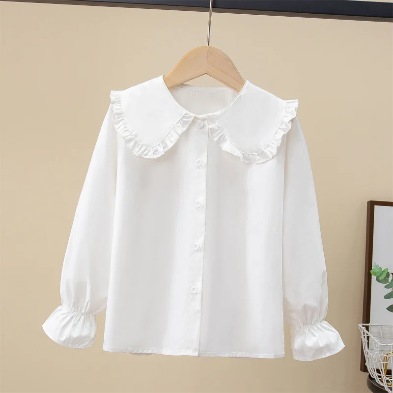 Girls\' Spring Autumn Blouse New Korean Style Fashionable Long Sleeve White Shirt Children\'s Lace Peter Pan Collar Bottoming Shir