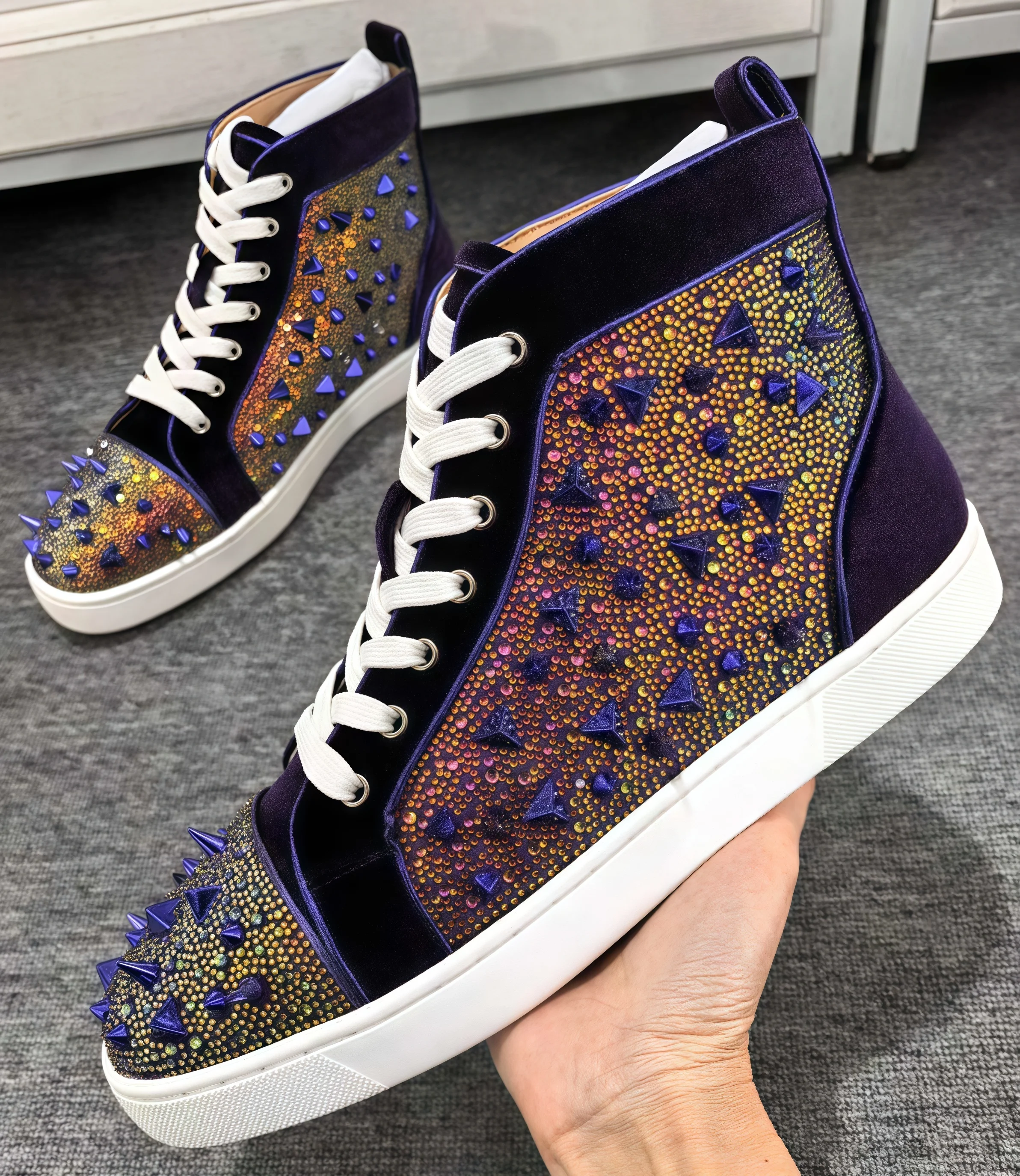 Dark Purple Rivets Men's Sneakers Rhinestones Crystal Flat Sole Casual Sports Shoes Lace-Up Red Sole High-Top Zapatillas Running view 6