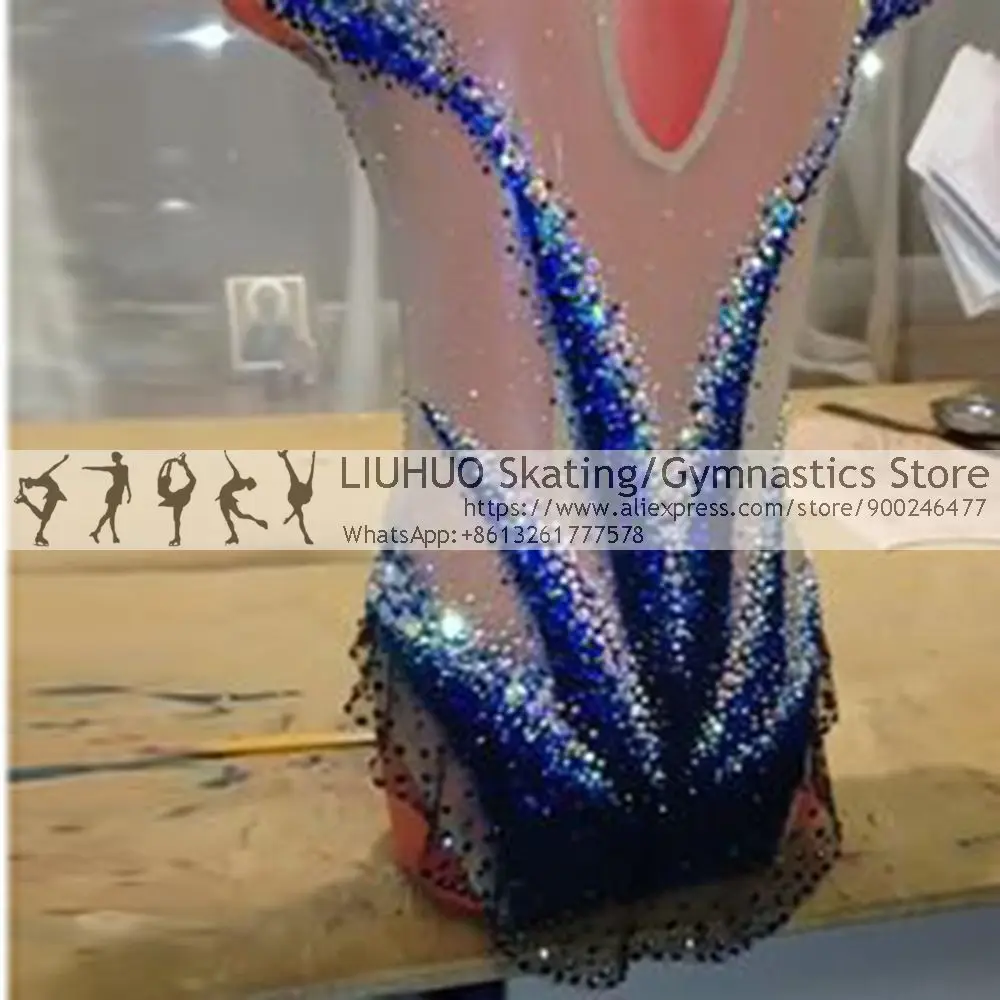 Rhythmic Gymnastics Leotards Blue Gradient Striped Diamond Sleeveless Girls Competition Performance