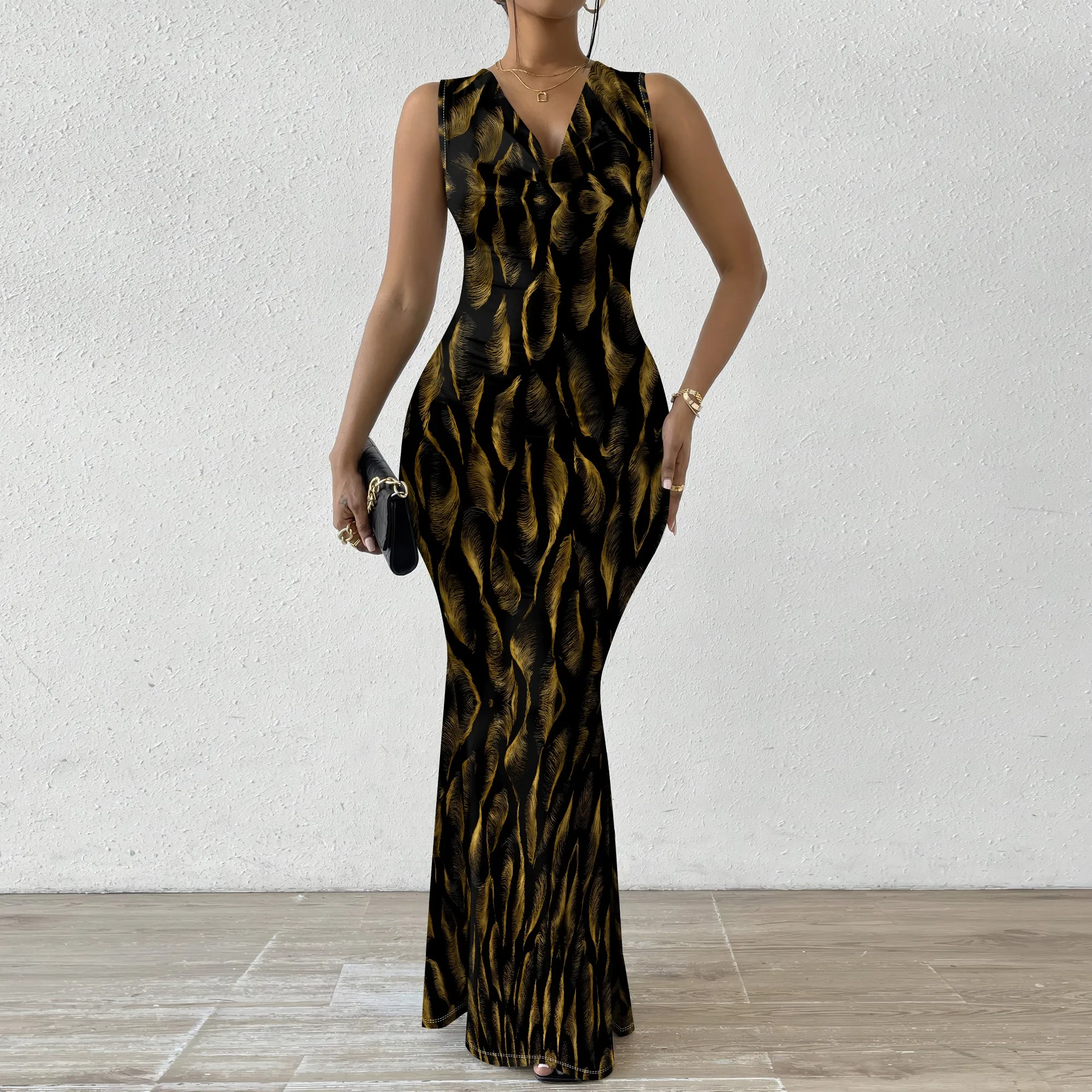 

Gold Feather Print Maxi Dress XS‑2XL Sleeveless Cowl Neck Bodycon Style for Cocktail Party, Elegant Dinner or Art Gallery Look