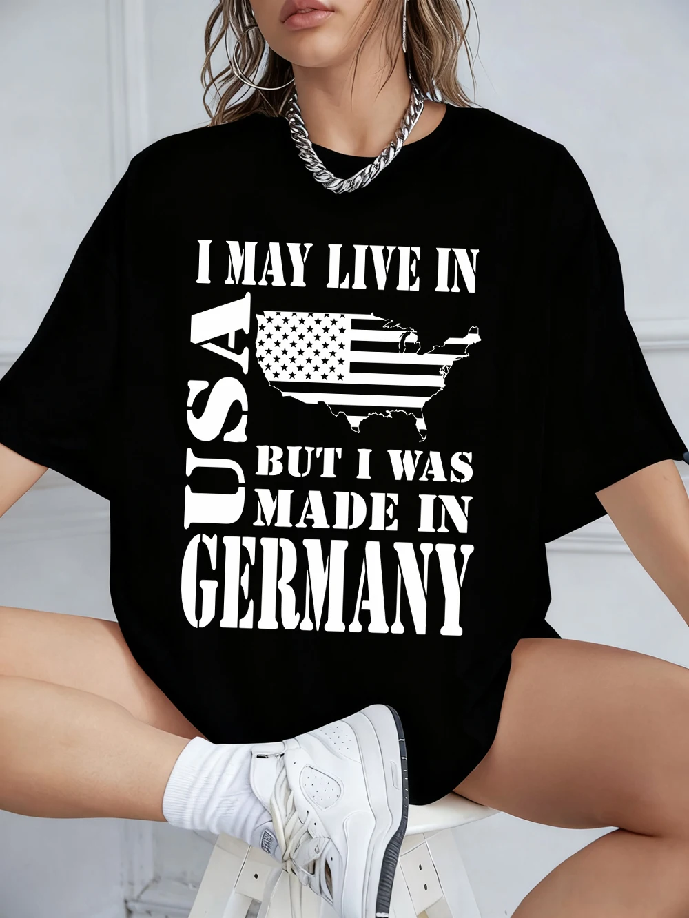 Live In Usa But Make In Germany Prints T-Shirts Womens Summer Cotton Tops Loose O-Neck Soft Short Sleeve Casual Woman Clothes