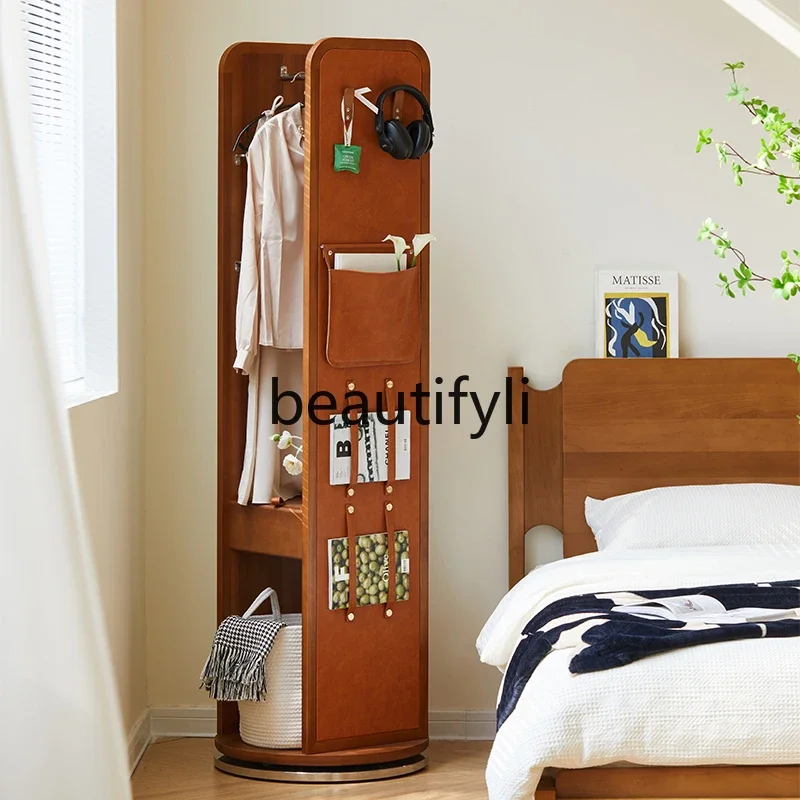 

Retro solid wood coat rack, bedroom floor-to-ceiling full-length mirror integrated multi-function rotatable hanger