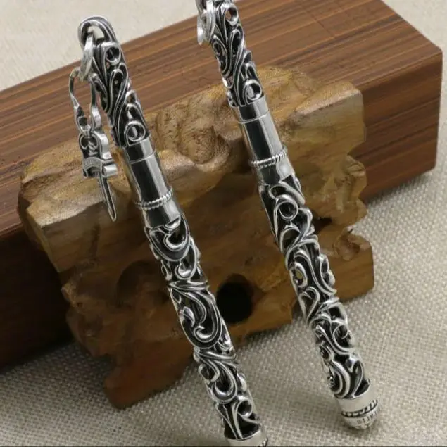 

Pure Silver Sword Ball Pen Retro Hollow Tang Grass Pattern Business Men's High Grade Signature Pen Silver Pendant Craft Gift