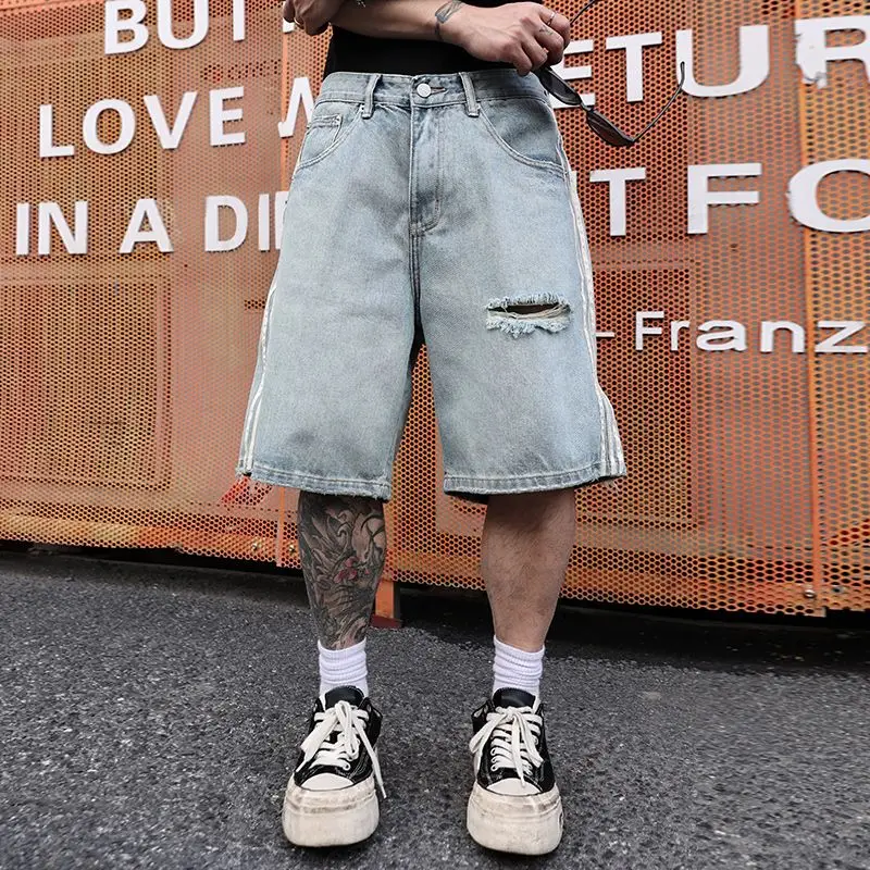 

Простые хипстерские джинсовые шорты с необработанными краями и тремя полосками, мужские хипстерские уличные шорты