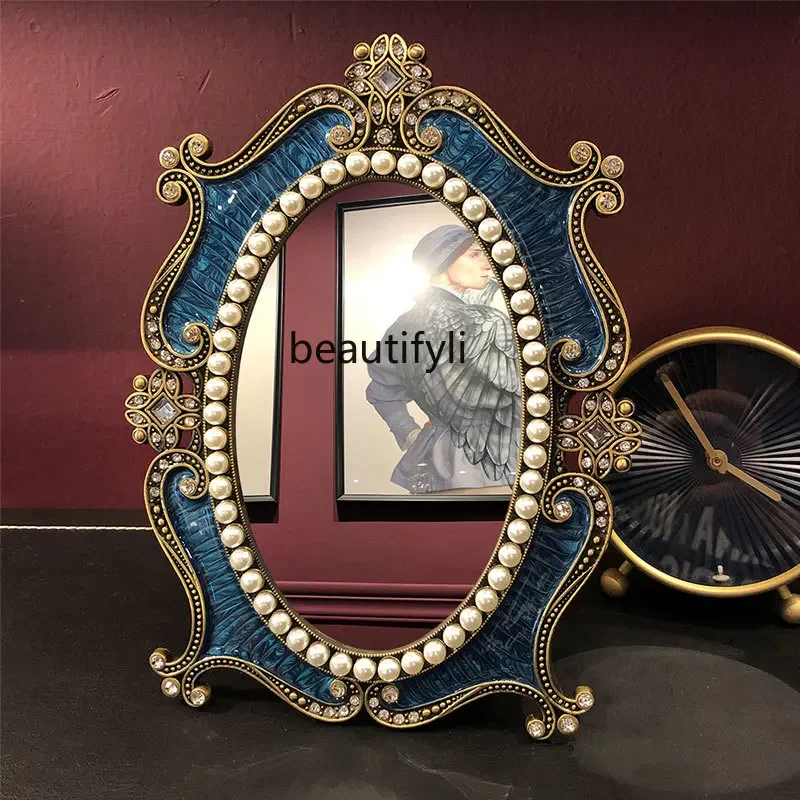 European-Style Retro Makeup Mirror Desk Table Square Mirror Bedroom Single Vanity Mirror