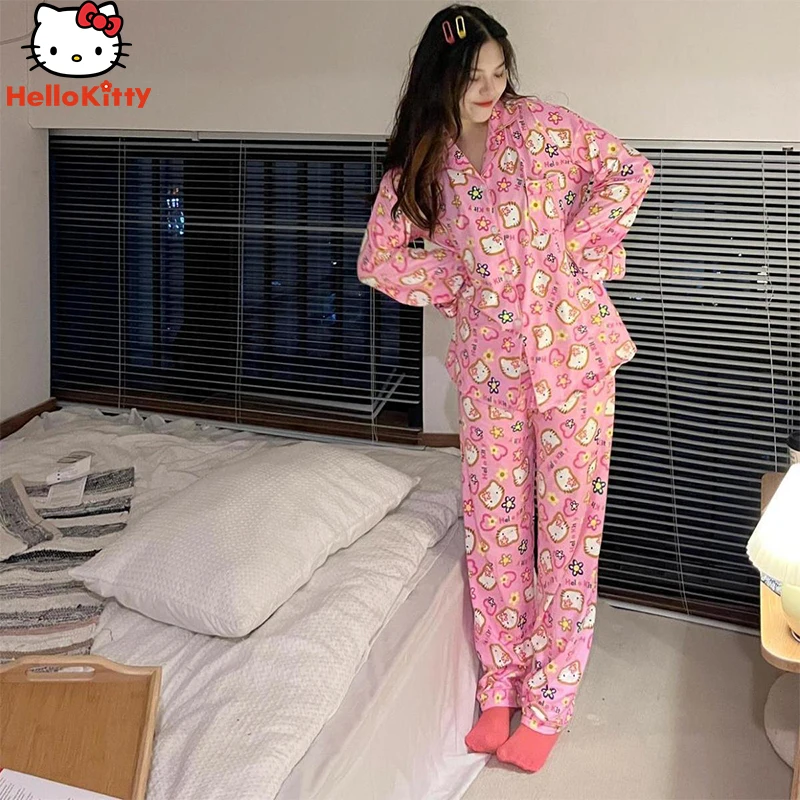 

Hello Kittys Y2K Pajamas Sanrios Anime Kawaii Surrounding Spring and Autumn Jacket Simple Fashion Cute Home Outdoor Suit