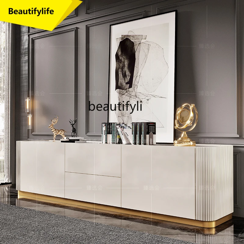 

A57 Floor-to-ceiling light luxury rock panel TV cabinet, solid wood living room storage, cabinet coffee table milk white