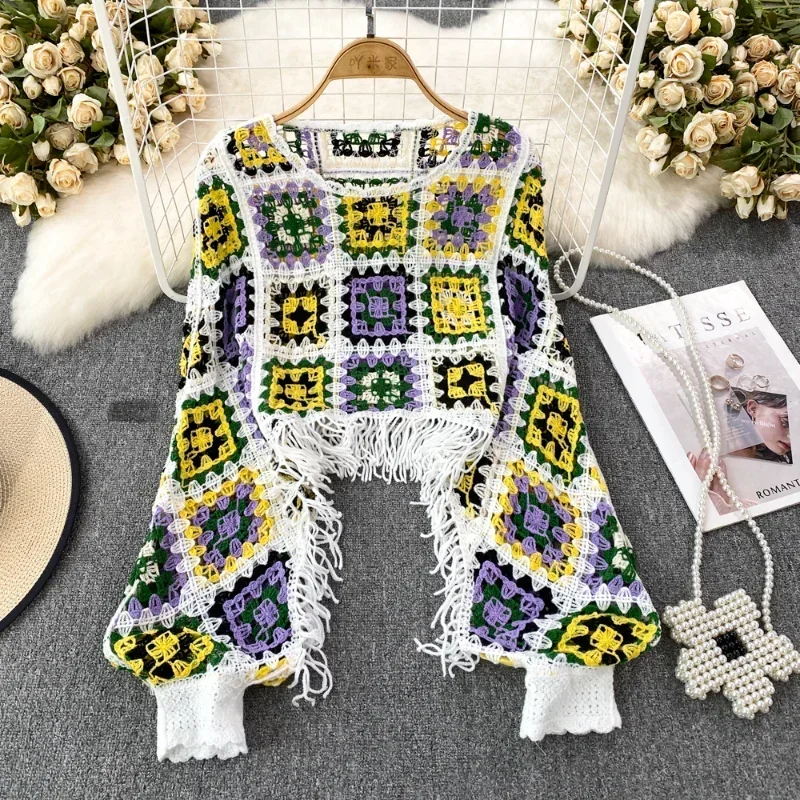 Chic Sweater Womens O-neck Color Blocking Sweaters For Women Knitted Hollow Out Pullover Feminina Tassel Lantern Sleeve Dropship