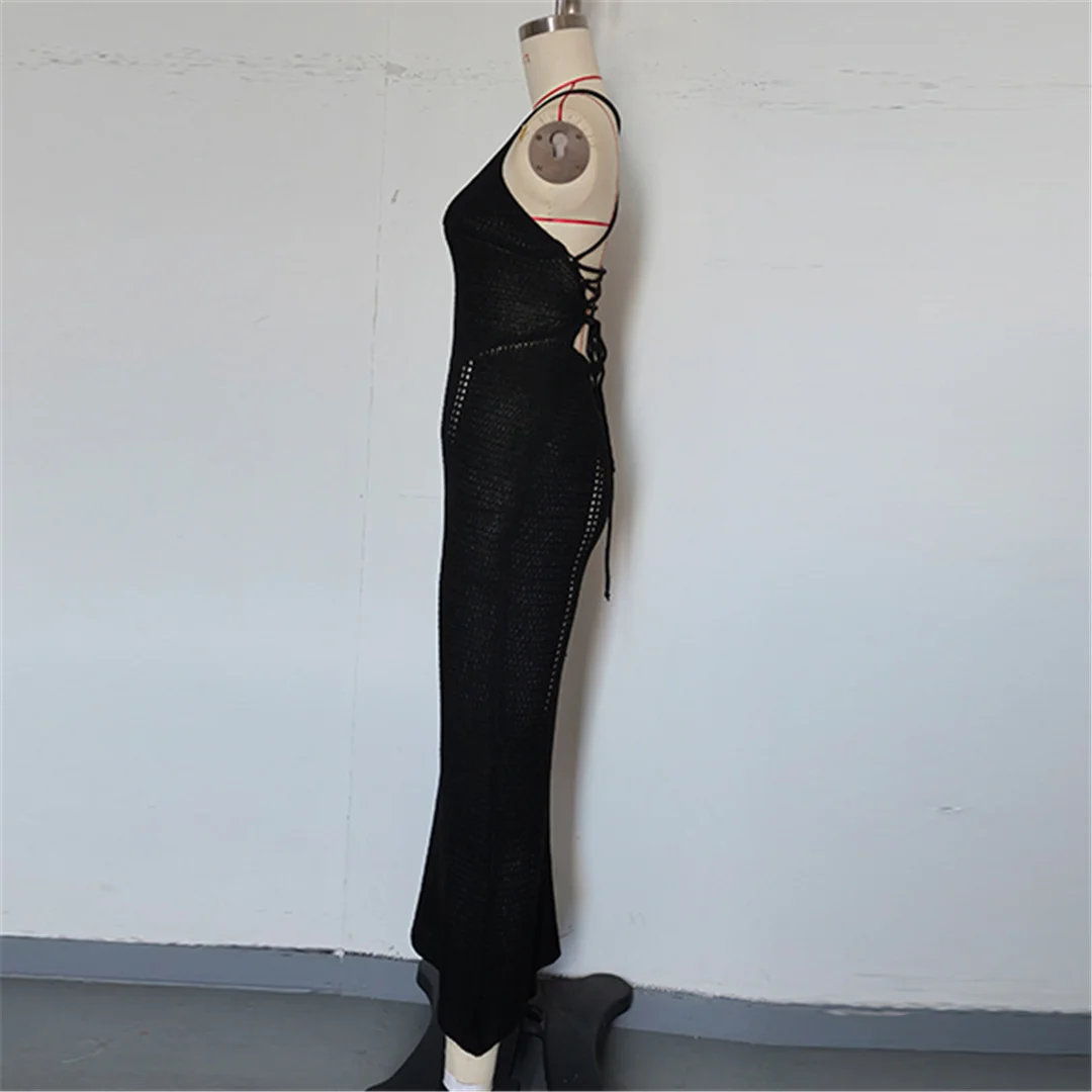 V-Ausschnitt, überkreuzter Rücken, ausgeschnittenes, gehäkeltes, gestricktes Tunika-Strandkleid, Strandkleid, Strandmode, Damen V7122 – Detail 7